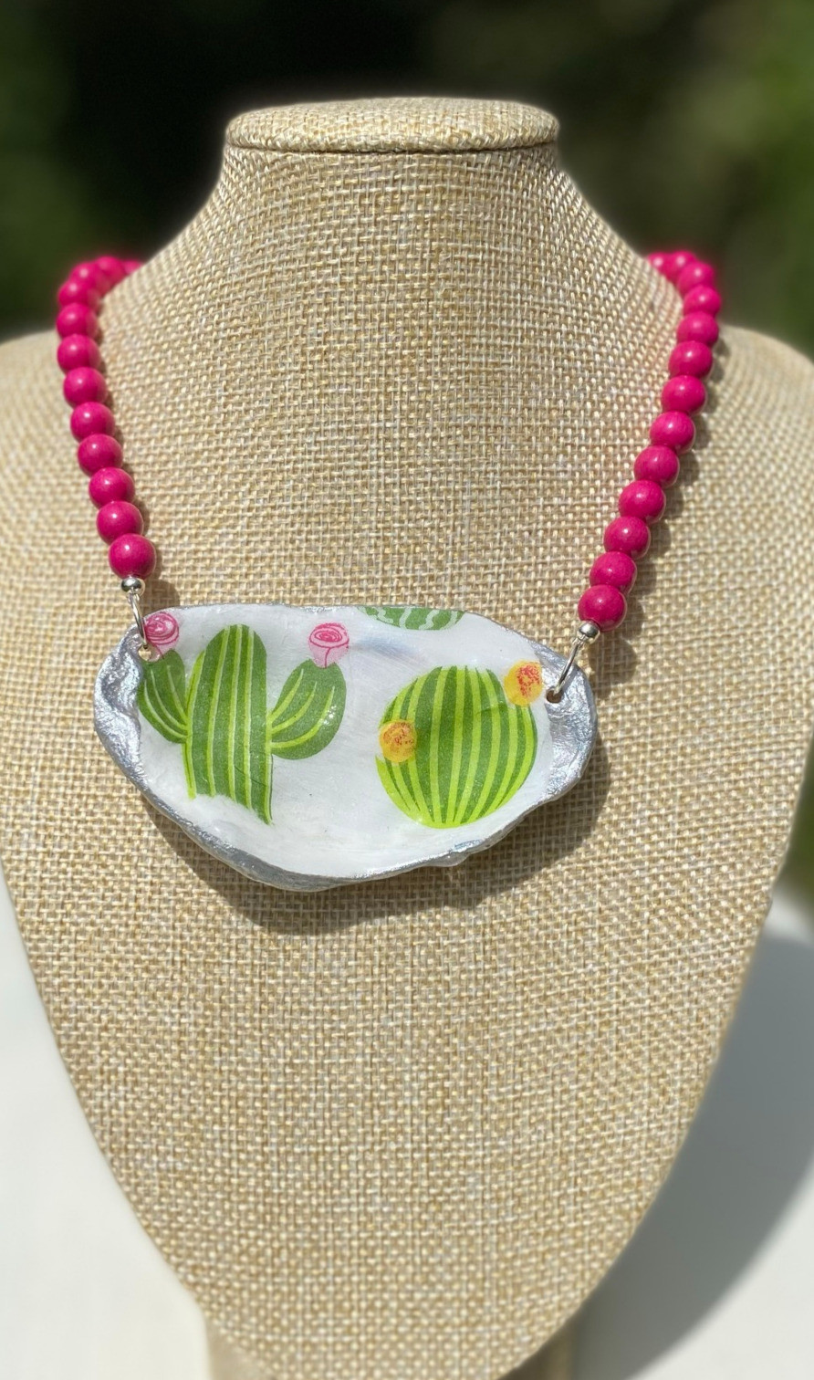 Thumbnail: Hot Pink Beaded Chocker with Large Juju Cactus Oyster Pendant