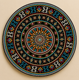 The Sovereign of the Southwest: Circle of Sacred Horizons is a striking 28-inch, hand-painted mandala in turquoise blue, desert sand, crimson red, bronze gold, ivory, charcoal black, dusty rose, copper brown, warm beige,  and soft white by Pheasant Tail Artistry.