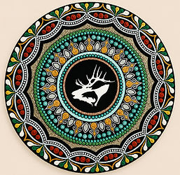 Spirit of the High Country: Circle of High Country Legacy is a wildlife inspired 15-inch, hand-painted mandala in forest green, sage green, metallic gold, copper, rust, cream, ivory, black, white, and champagne by Pheasant Tail Artistry.