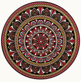 Crimson Heirloom: A Circle of Grace, Symmetry, and Distinction is a luminous 19-inch, hand-painted mandala in deep crimson, rose pink, soft blush, antique gold, warm taupe, ivory, and charcoal black by Pheasant Tail Artistry.