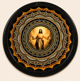 The Radiance of the Living Christ: Circle of Divine Light is a luminous sacred 24-inch, hand-painted mandala in black, radiant gold, antique gold, warm ivory, bronze, copper, soft amber, muted silver, and deep taupe by Pheasant Tail Artistry.