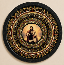 Grace Extended: The Open Hand of Christ is a contemplative sacred, 24-inch, hand-painted mandala in warm ivory, soft gold, deep espresso, burnt sienna, muted crimson, olive green, charcoal black, antique bronze, and amber by Pheasant Tail Artistry.