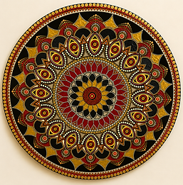 Crown of the Eternal Sovereign: Circle of Timeless Dominion is a bold 36-inch, hand-painted mandala in crimson red, deep garnet, metallic gold, antique bronze, matte black, ivory accents, and warm ochre by Pheasant Tail Artistry.
