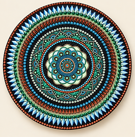 The Living Lotus: Circle of Inner Awakening is a serene 24-inch, hand-painted mandala in aqua, teal, ivory, copper, and charcoal by Pheasant Tail Artistry.