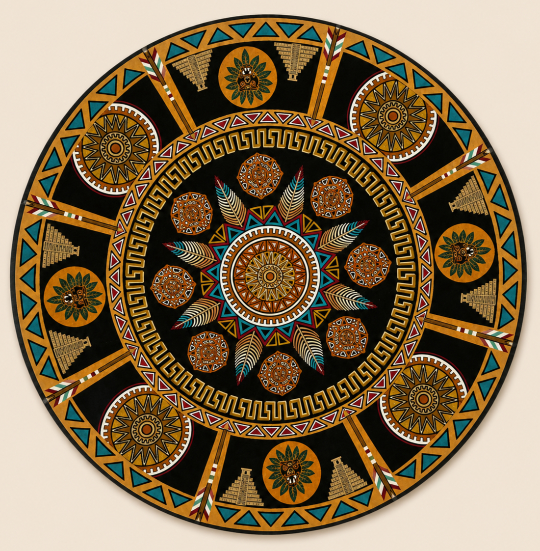 The Sun Temple Codex: Circle of Ancient Majesty is a gorgeous Mesoamerican inspired 30-inch, hand-painted mandala in turquoise blue, desert sand, terracotta red, warm gold, burnished bronze, ivory, cocoa brown, and deep charcoal black by Pheasant Tail Artistry.