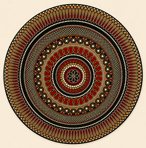 The Sacred Weave: Circle of the Endless Thread is a commanding 36-inch, hand-painted mandala in deep crimson red, burnt sienna, metallic gold, warm ivory, charcoal black, soft taupe, and antique bronze by Pheasant Tail Artistry.
