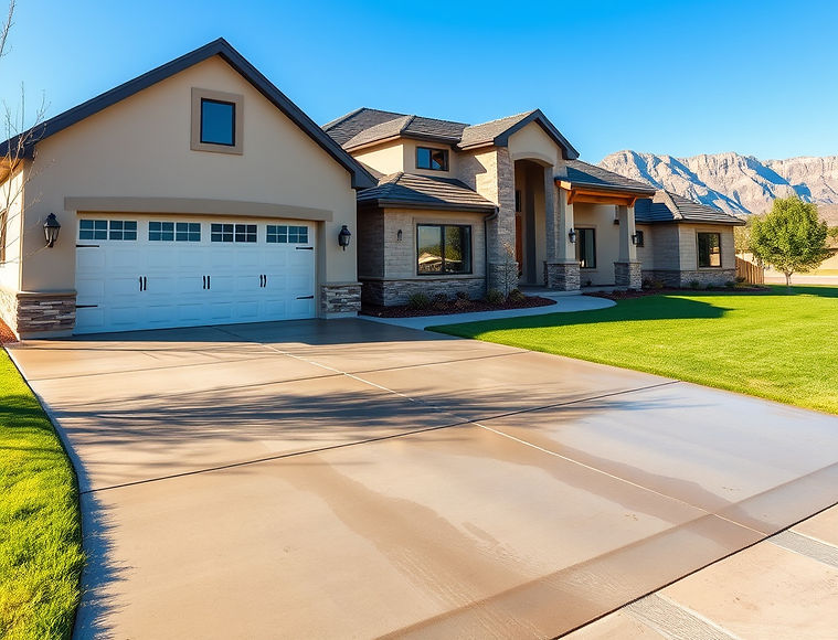 A freshly power washed driveway in front of a large upper class, modern, contemporary hous