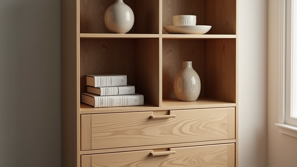 Close-up view of a compact wooden storage unit with decorative items