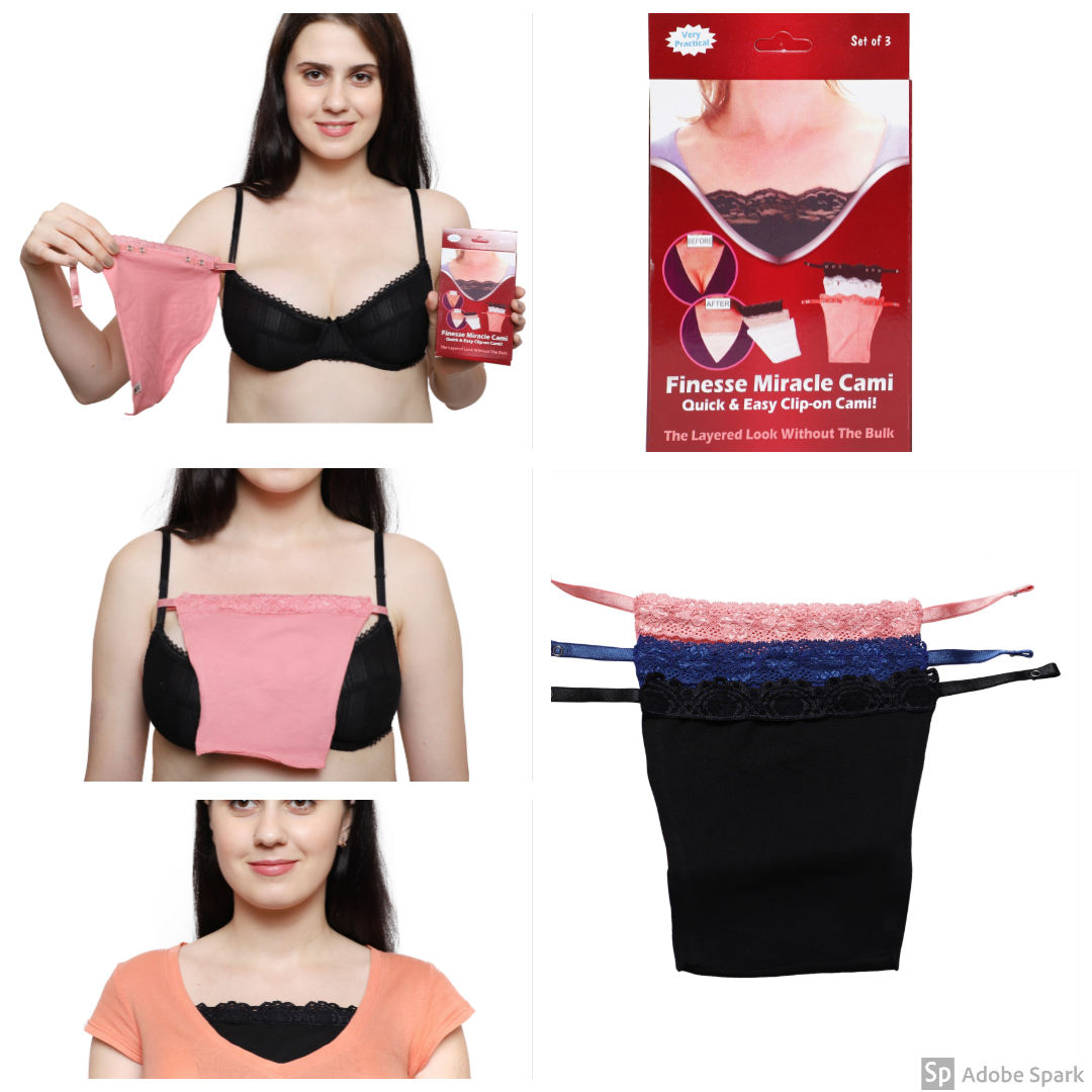 Finesse Miracle Cami - Womens Clip-on Mock Camisole - Set of 3 Black RBlue Pink