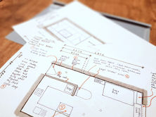 a drawing of a room with the word fridge on it