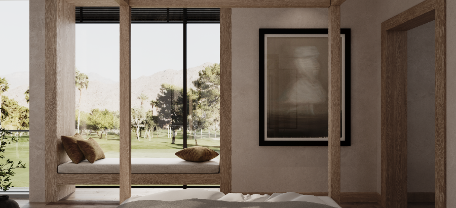 Relaxing view of desert landscape from large rustic bed with comfortable linen bedding.