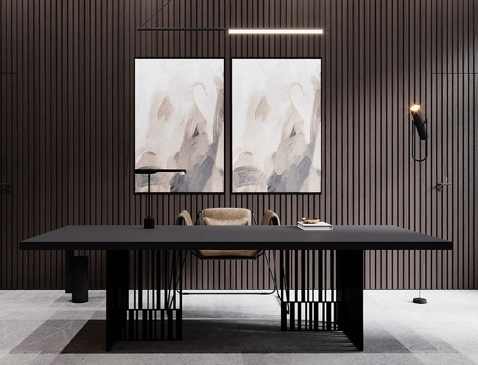 darke wood wall in modern home office with wood desk and modern lighting and abstract artwork