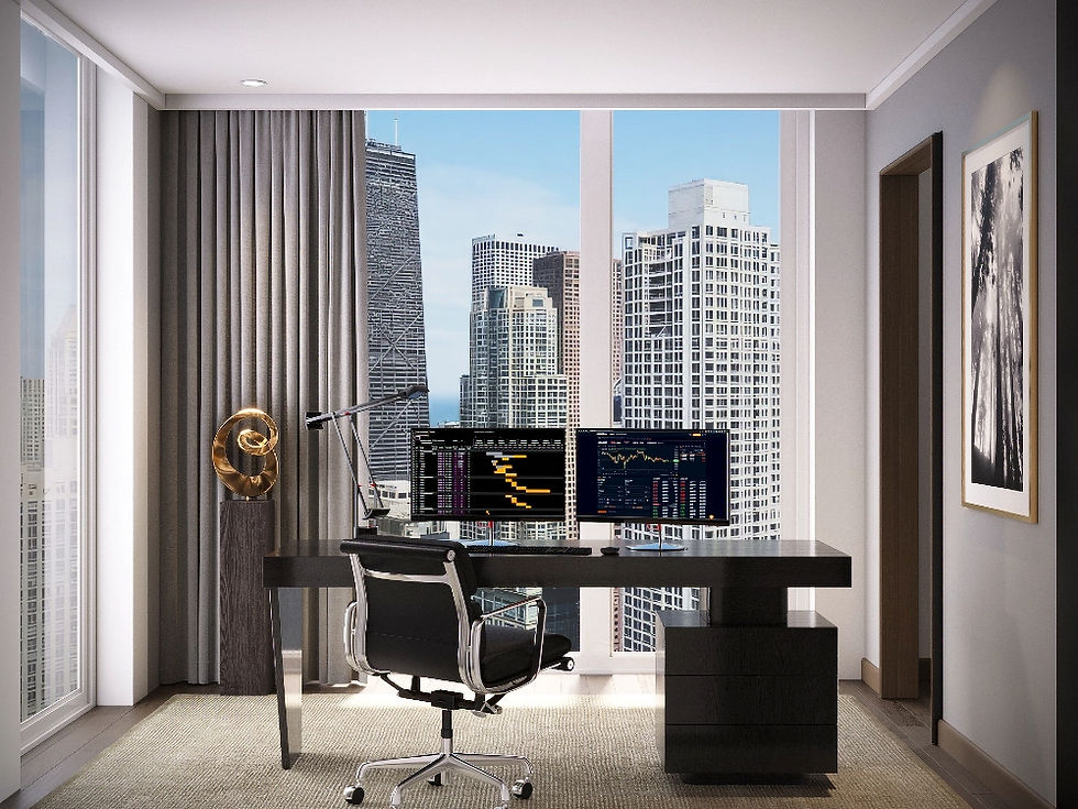 Modern office with desk, chair, dual monitors showing stock charts. Large windows reveal a city skyline. Neutral tones, calm ambiance.