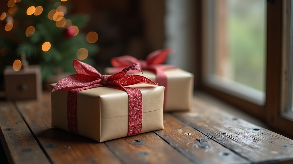 Close-up of a beautifully wrapped gift with a bow on a rustic table