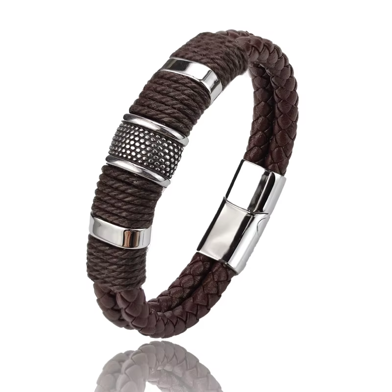 Thumbnail: Charm Vintage Multilayer Brown Leather Stainless Steel Men Bracelet Bead Bracele
