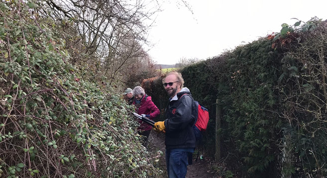 Three volunteers clearing brambles on Shawgrove path