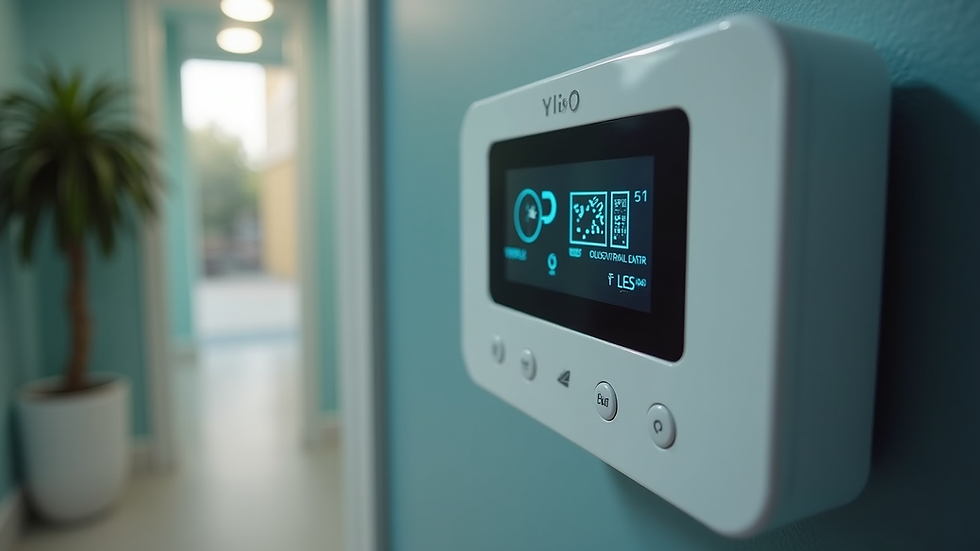 Eye-level view of an indoor air quality monitor displaying pollutant levels