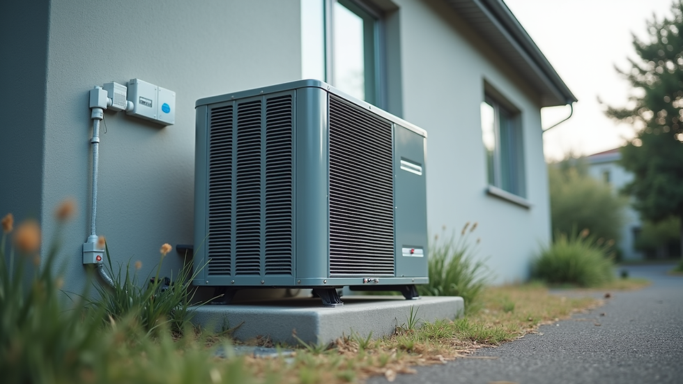 Eye-level view of HVAC outdoor condenser unit installed on a concrete pad