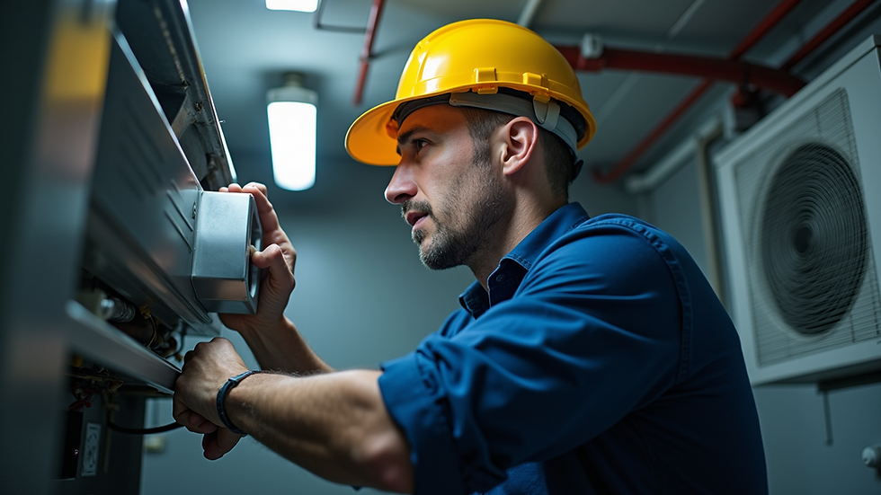 High angle view of HVAC technician inspecting air conditioning coils