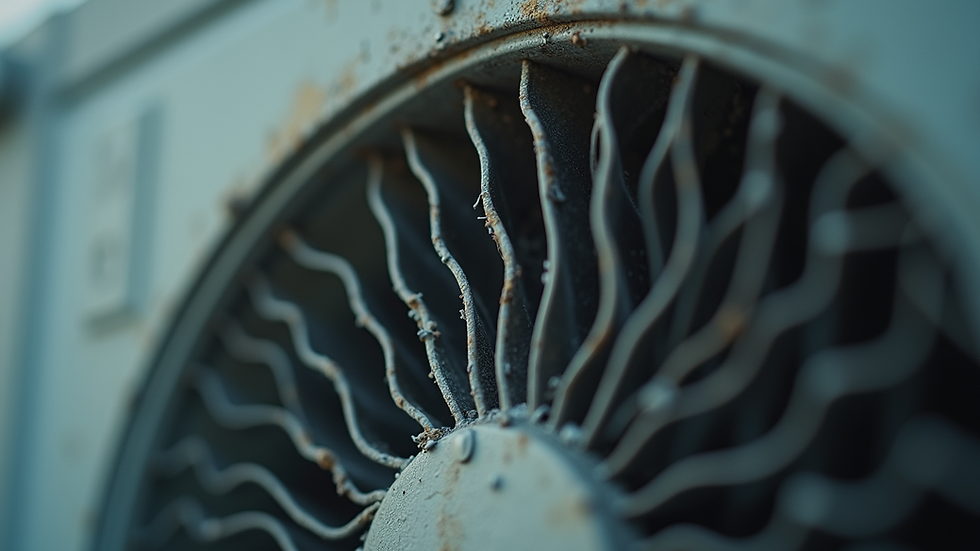 Close-up view of an air conditioning unit's condenser coil with visible dirt and debris