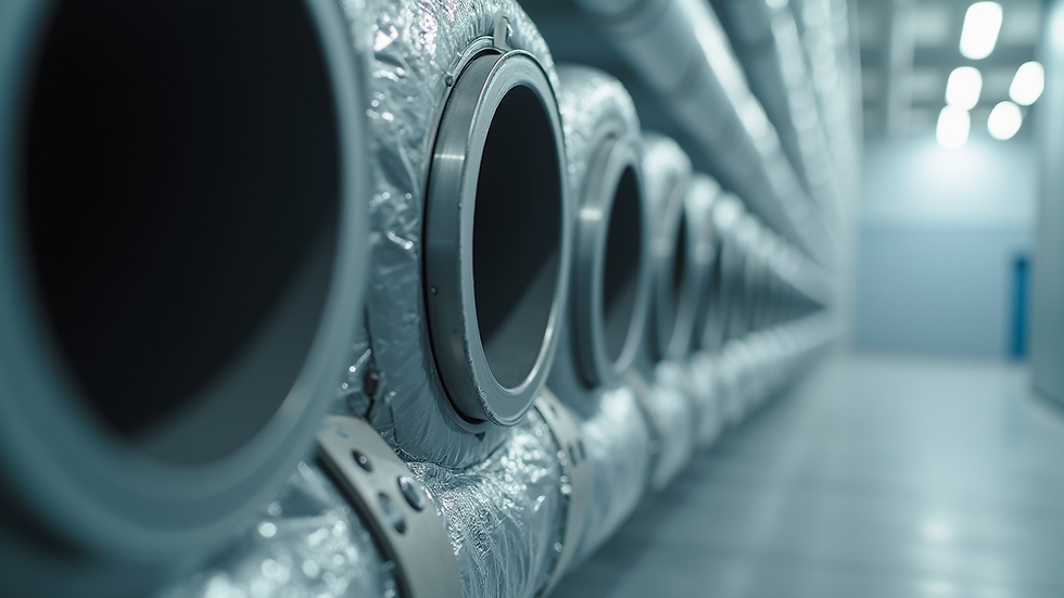 Close-up view of HVAC ductwork with insulation and metal joints