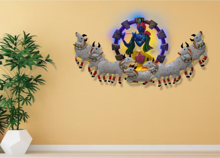 Thumbnail: Shri Krishna with seven cows with LED light which gives an elegant view to wall, made up metal, can also be used for gifting