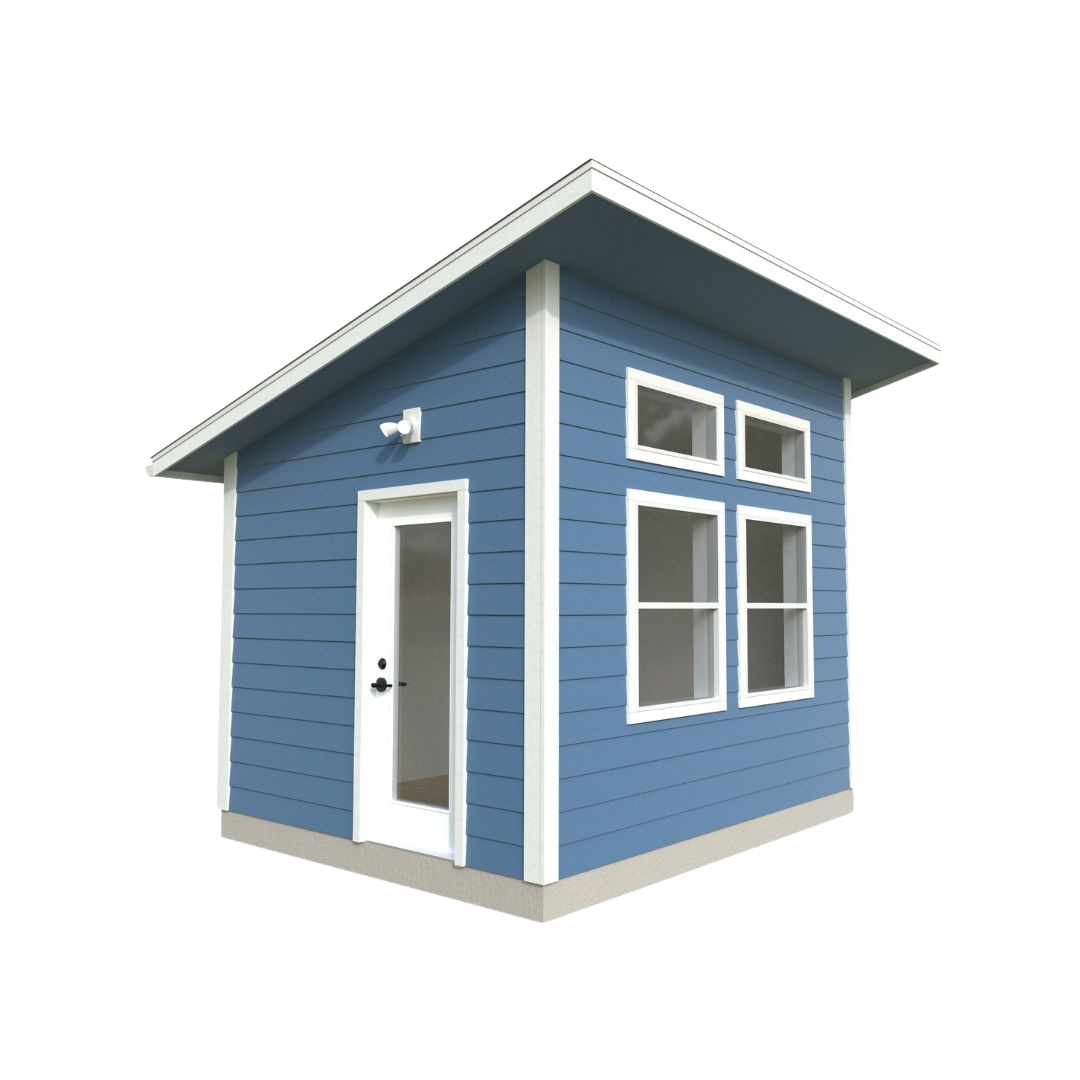 Blue backyard office model exterior with sloped roof and glass door