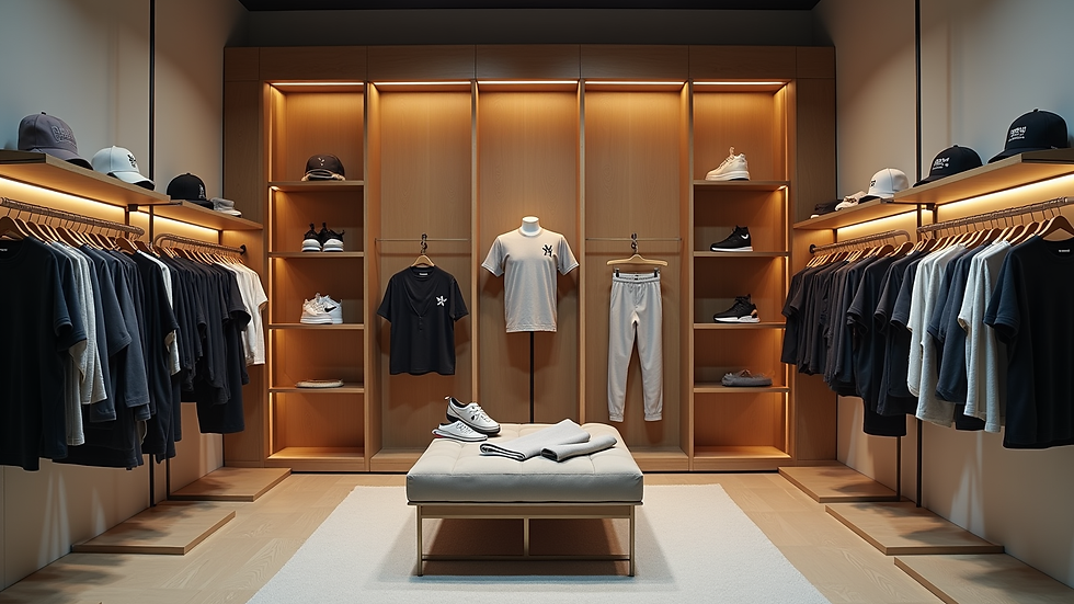 High angle view of a sportswear collection displayed in a boutique