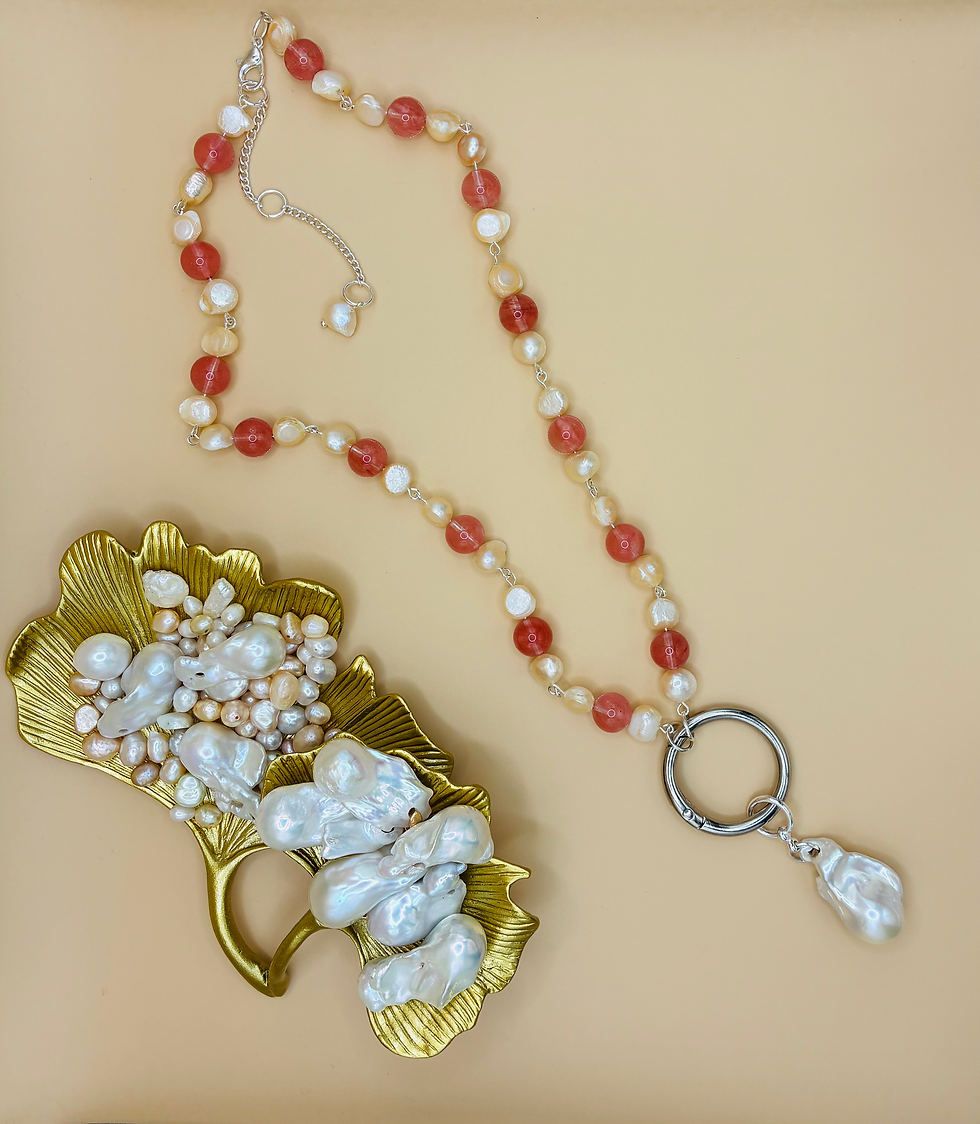 Thumbnail: Rose opal and baroque pearl necklace with fireball charm and carabiner closure