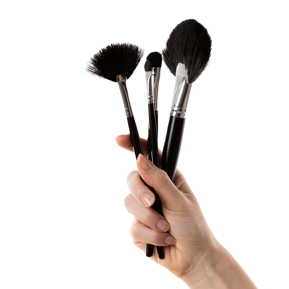 Hand holding various makeup brushes
