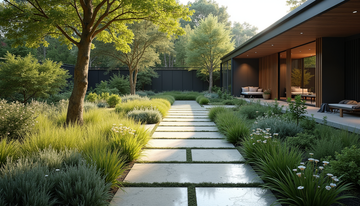 Eye-level view of a modern garden with natural stone pathways and native plants