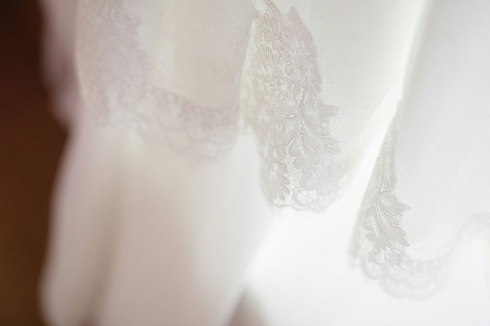 Close-up of a white wedding dress with delicate lace detail