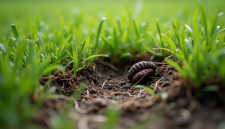 Close-up view of a grub-infested lawn showing damaged grass roots