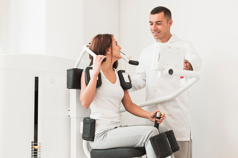 Physical therapist assisting patient on posture correction machine
