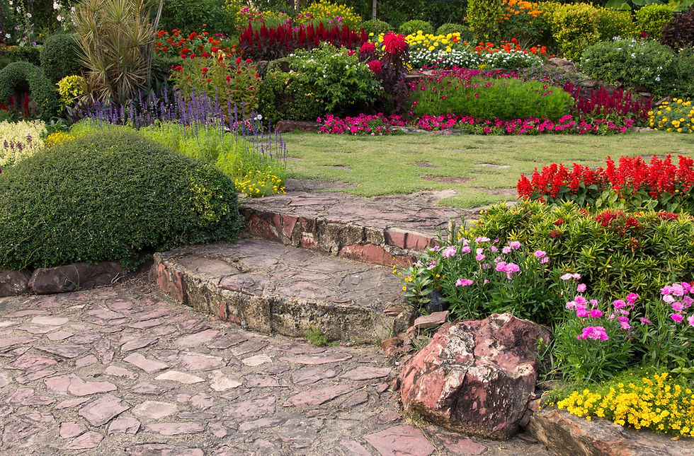 Stone steps leading to vibrant flower garden