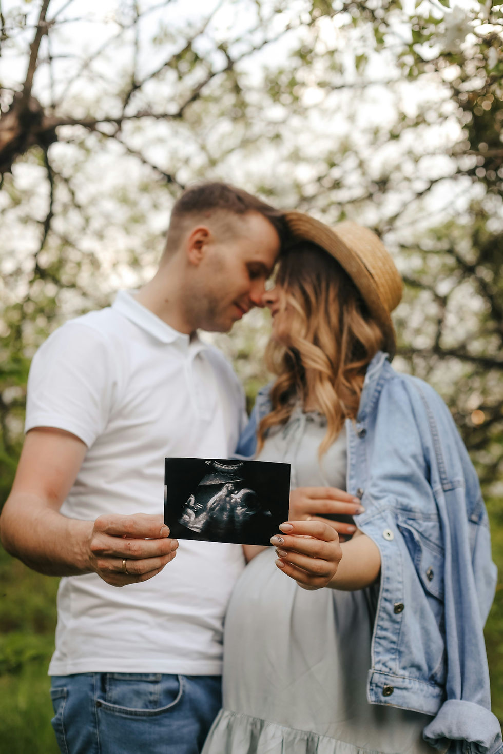 Couple holding ultrasound image in a blooming orchard
