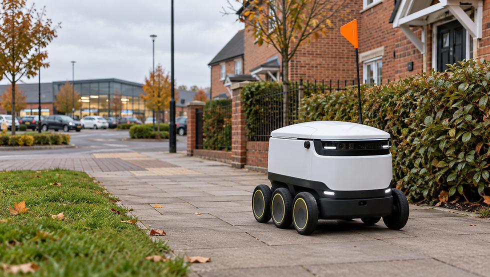 Contextual editorial illustration of an autonomous grocery delivery robot on a British residential pavement