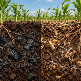 Editorial soil cutaway comparing biochar with incorporated maize stover