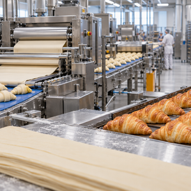 Contextual editorial image of an unbranded industrial croissant and laminated-dough production line