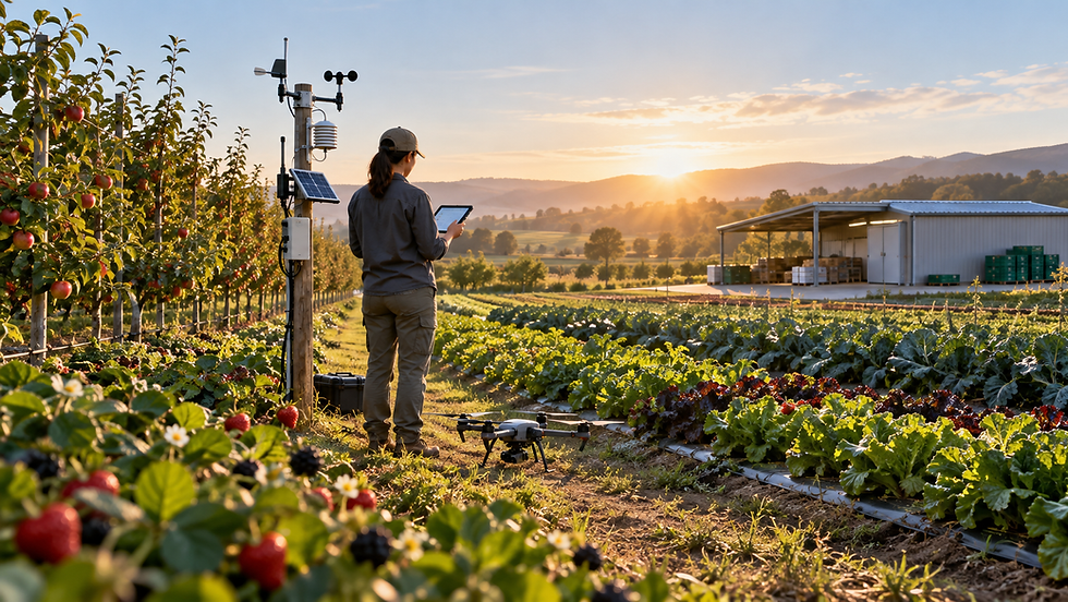 Original editorial illustration of a researcher using sensors and a drone among specialty crops; not a specific funded project