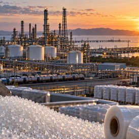 Generic petrochemical complex with polymer resin pellets and packaging film, illustrating Braskem’s plastics supply chain