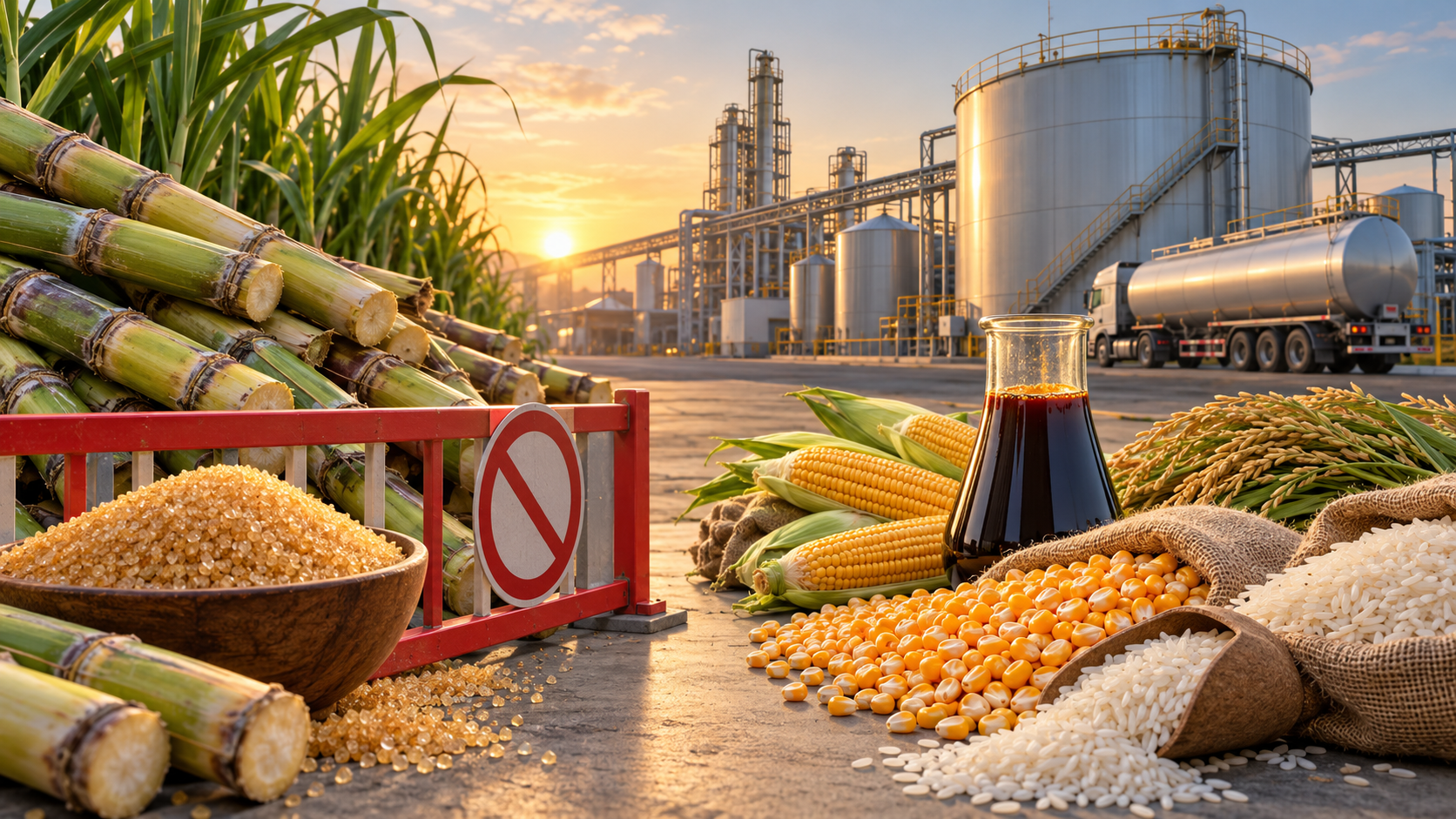 Editorial illustration of sugarcane excluded from ethanol procurement while maize, rice and molasses feedstocks lead toward a biofuel plant