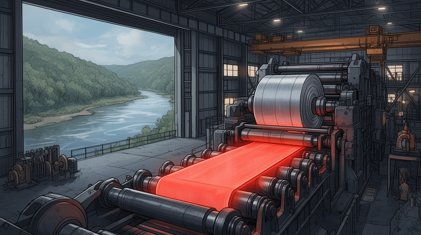 Conceptual editorial illustration of a modern hot strip steel mill in a Pennsylvania river valley