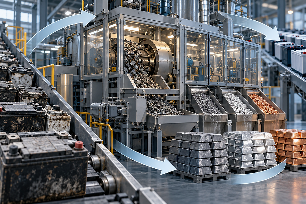 Original editorial illustration of used vehicle batteries moving through an enclosed recycling line into recovered metal and new batteries
