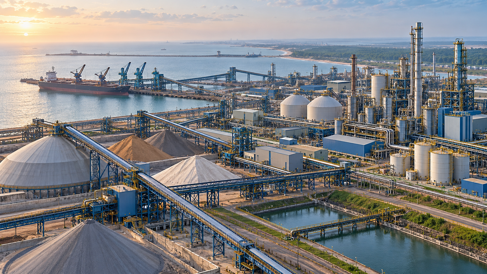 Conceptual coastal fertilizer and chemical complex with conveyors, storage, processing units and port infrastructure