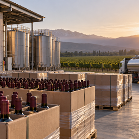 Editorial illustration of Argentine wine bottles and bulk tanks prepared for export beside vineyards