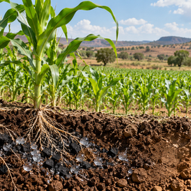 Editorial illustration of rainfed maize roots with biochar and water retaining polymer in soil