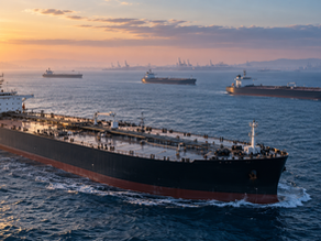 Contextual editorial illustration of four modern crude oil tankers at sea at dawn