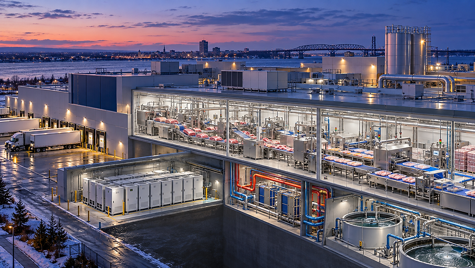 Original Agrilinkage editorial illustration of a food factory; contextual industrial image, not Danone's Steenvoorde production line.