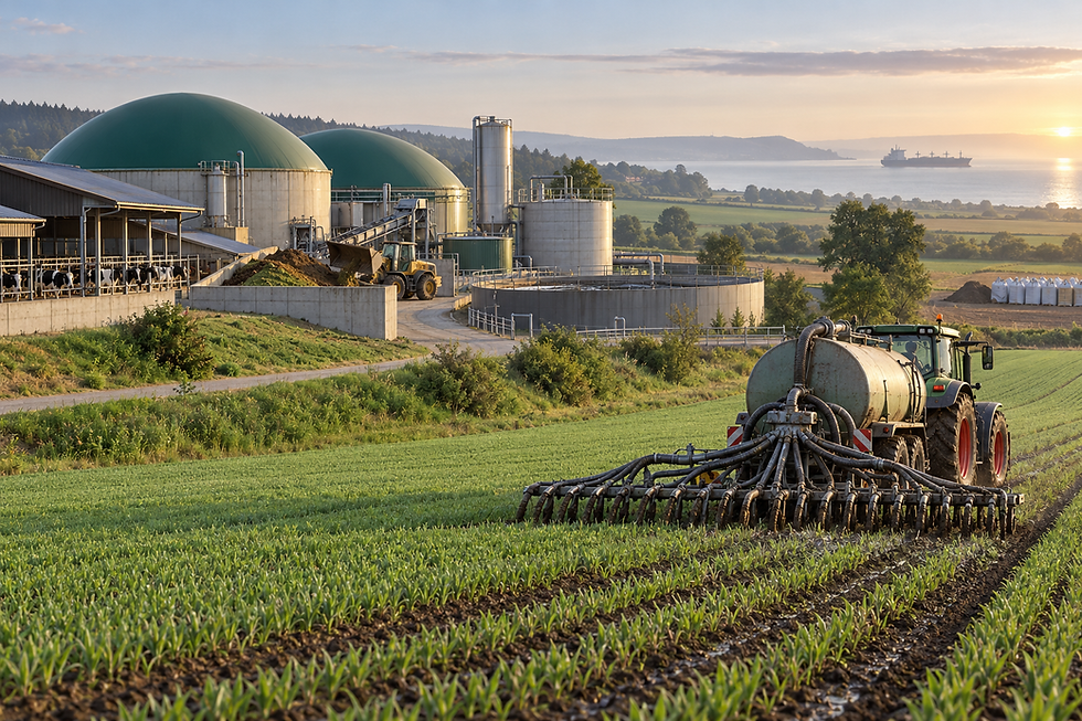 Original contextual illustration of a European biogas farm applying liquid digestate to crops